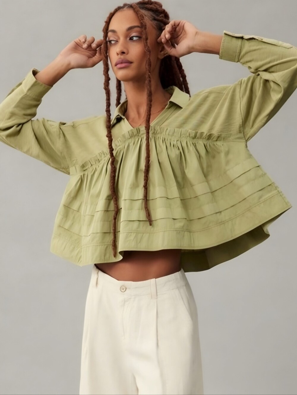 Anthro Pilcro Babydoll Flowy Cotton Sage Green Top, M